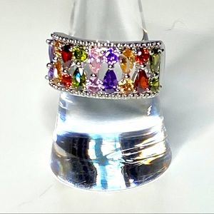 silver toned multicolored teardrop stone ring